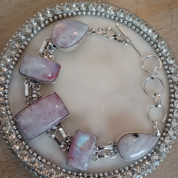 Rainbow Moonstone Silver Link Rectangle Teardrop Adjustable Bracelet - Picture 9 of 12